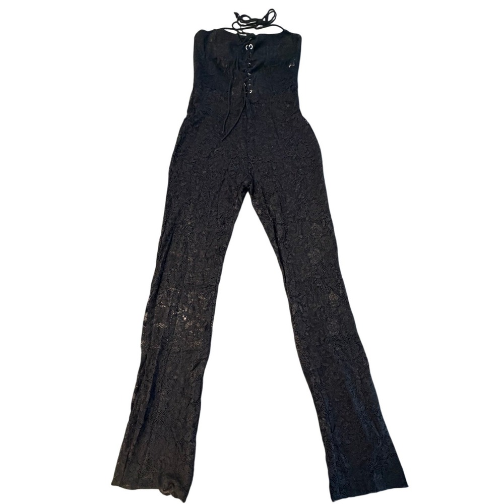 Black Floral Lace Lace-Up‎ Front Strapless Jumpsuit Gothic Coquette Small